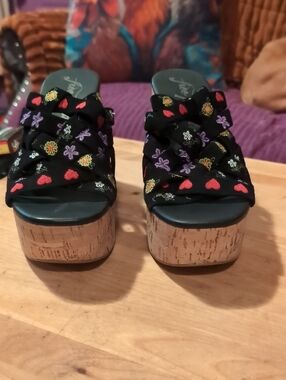 Free People Black Embroidered Cork Platform Slide Sandals